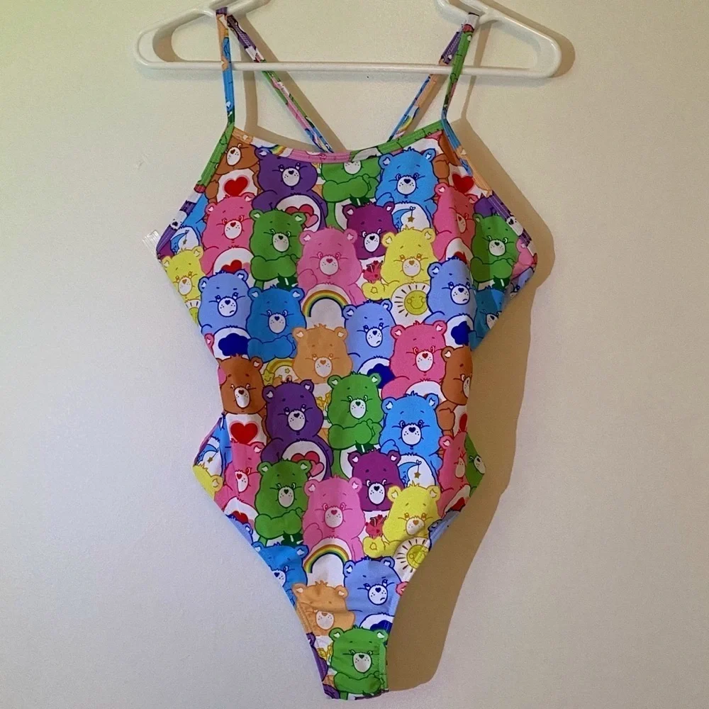 Care Bears Rainbow One-Piece Swimsuit Adjustable Straps Bodysuit Pad Inserts M